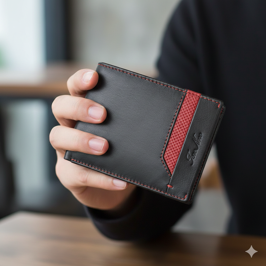 Portofel barbati din piele naturala negru-rosu Vox,protectie RFID