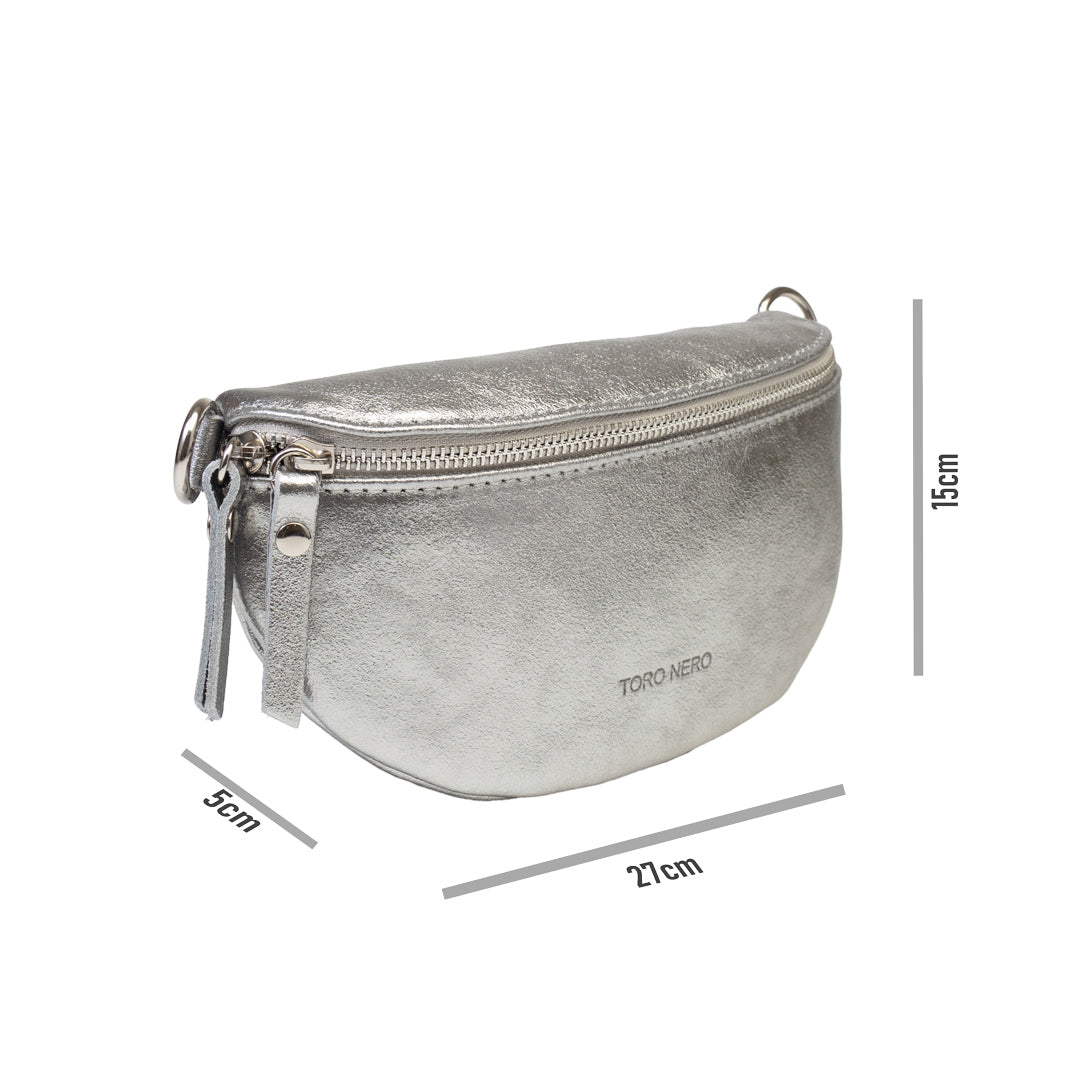Damen-Gürteltasche aus echtem Leder Silber Waist Glam